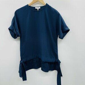 Warehouse Womens Size 2 US Ruched Hem Top Cuffed Short Sleeves Navy Blue 175